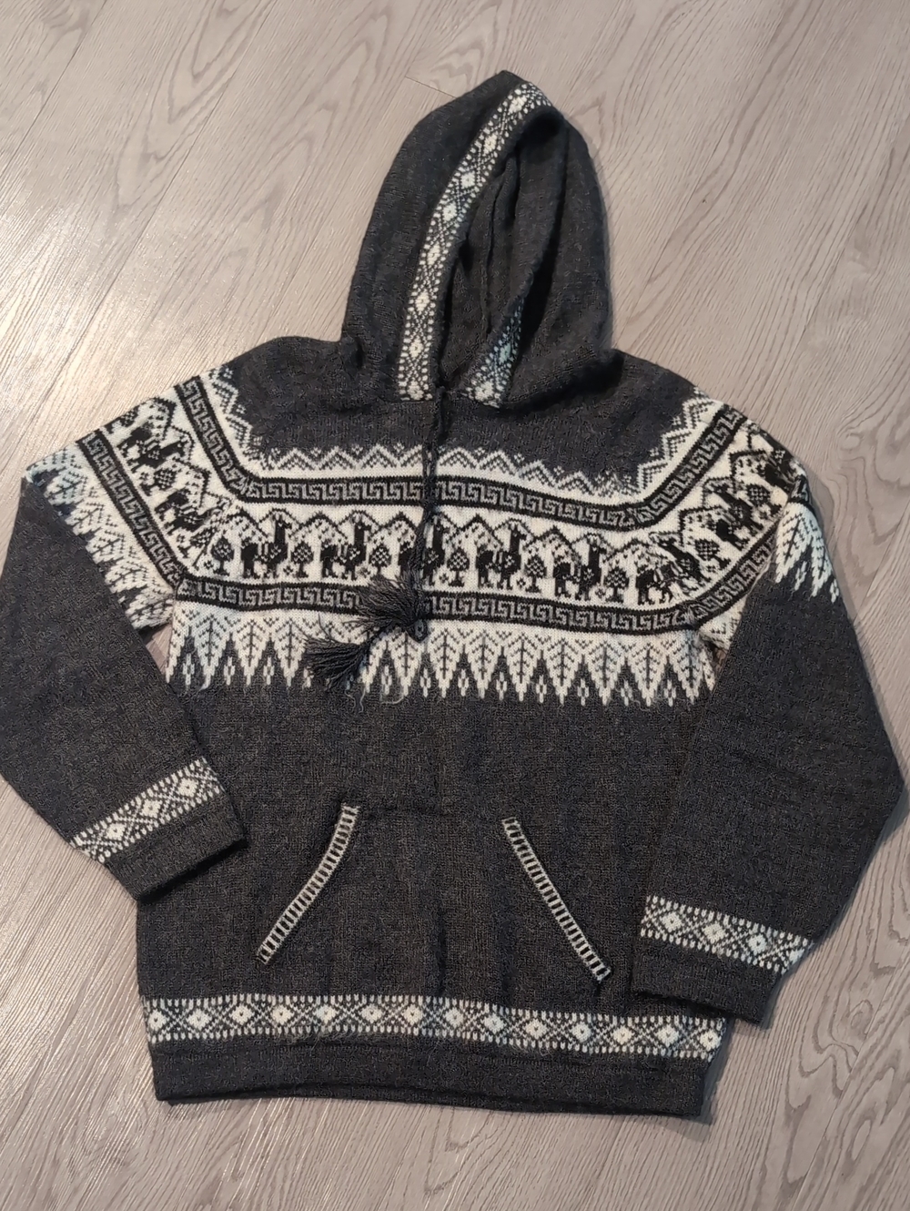 Dark Gray Alpaca Wool Hooded Nordic Pattern Sweater